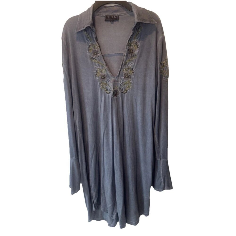 POL Blue Embroidered Floral V Neck Trumpet Sleeve Dress M Boho Artisan Festival